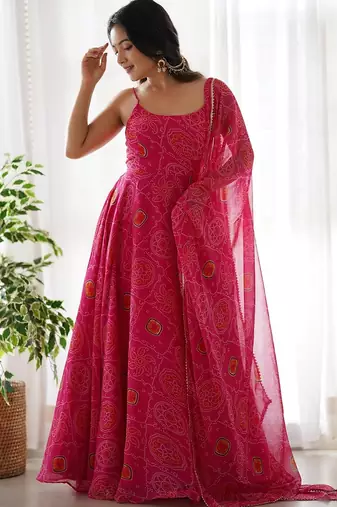 Pink color bandhej printed lightweight chiffon stitched anarkali set