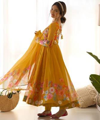 Musturd color printed & handwork orgenza silk blend stitched anarkali set 2