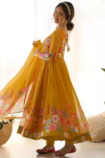 Musturd color printed & handwork orgenza silk blend stitched anarkali set