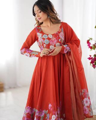 Orange color printed & handwork orgenza silk blend stitched anarkali set 5