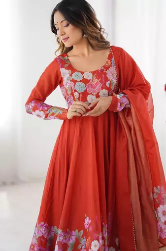 Orange color printed & handwork orgenza silk blend stitched anarkali set
