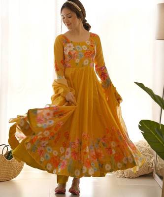 Musturd color printed & handwork orgenza silk blend stitched anarkali set 3