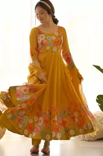 Musturd color printed & handwork orgenza silk blend stitched anarkali set