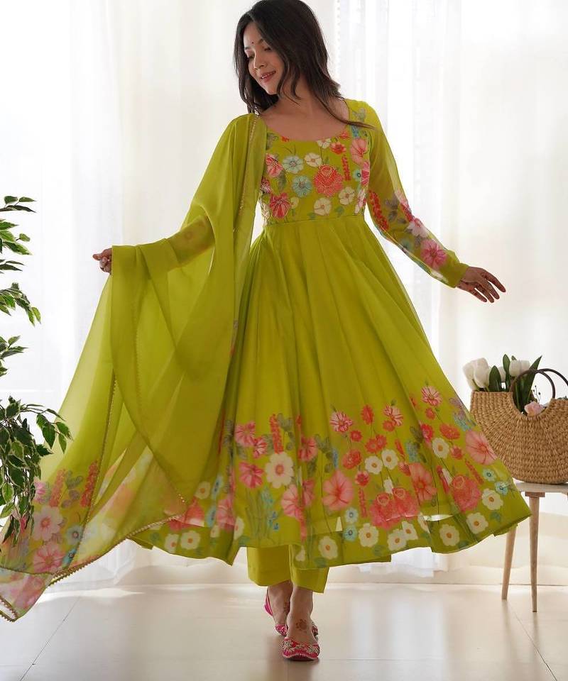 Liril green color printed & handwork orgenza silk stitched anarkali set