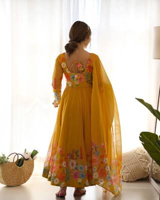 Musturd color printed & handwork orgenza silk blend stitched anarkali set 4