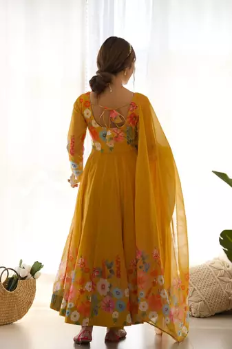 Musturd color printed & handwork orgenza silk blend stitched anarkali set