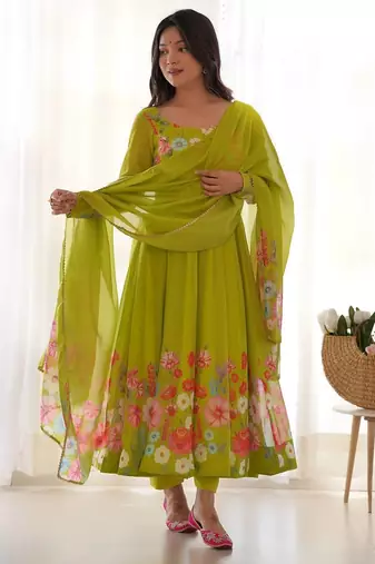 Liril green color printed & handwork orgenza silk blend stitched anarkali set