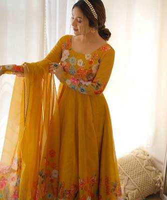 Musturd color printed & handwork orgenza silk blend stitched anarkali set 5
