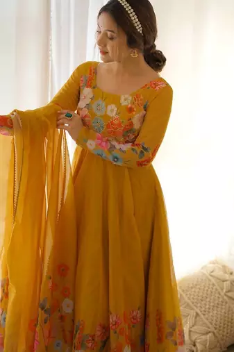 Musturd color printed & handwork orgenza silk blend stitched anarkali set