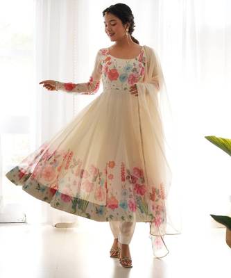 Cream color printed & handwork orgenza silk blend stitched anarkali set 1