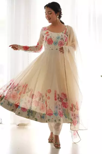 Cream color printed & handwork orgenza silk stitched anarkali set