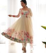 Cream color printed & handwork orgenza silk stitched anarkali set