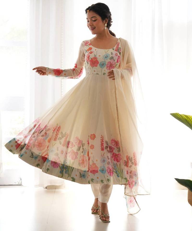 Cream color printed & handwork orgenza silk stitched anarkali set