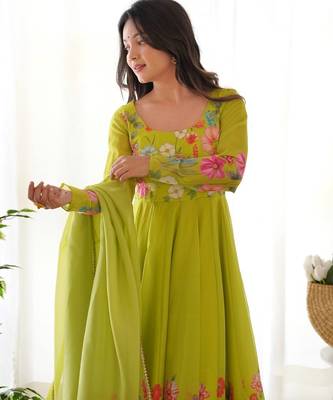 Liril green color printed & handwork orgenza silk blend stitched anarkali set 4