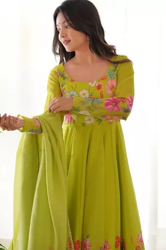 Liril green color printed & handwork orgenza silk blend stitched anarkali set