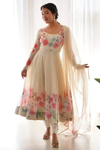 Cream color printed & handwork orgenza silk blend stitched anarkali set