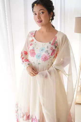 Cream color printed & handwork orgenza silk blend stitched anarkali set