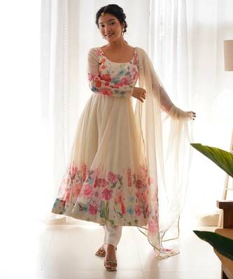 Cream color printed & handwork orgenza silk blend stitched anarkali set 4