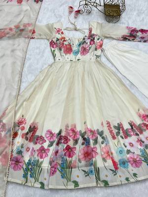 Cream color printed & handwork orgenza silk blend stitched anarkali set 5