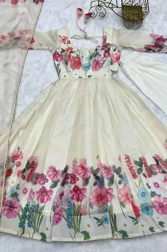 Cream color printed & handwork orgenza silk blend stitched anarkali set