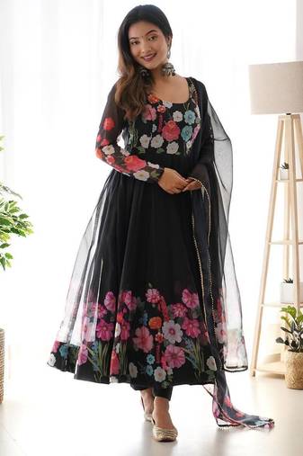 Black color printed & handwork orgenza silk stitched anarkali set