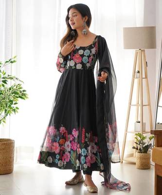 Black color printed & handwork orgenza silk blend stitched anarkali set 3