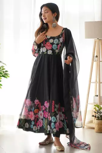 Black color printed & handwork orgenza silk blend stitched anarkali set