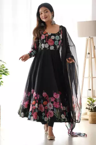 Black color printed & handwork orgenza silk blend stitched anarkali set
