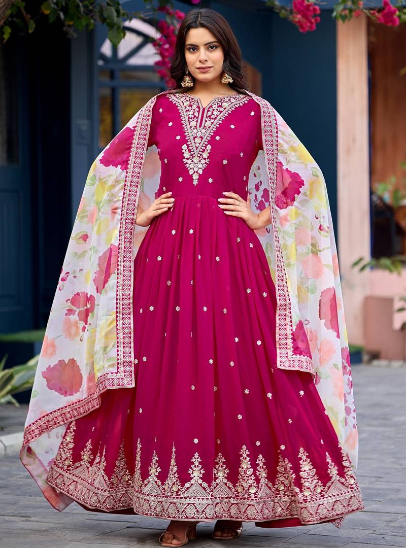 Pink embroidered georgette stitched anarkali suit with dupatta