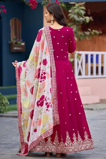 Pink embroidered georgette anarkali suit with dupatta
