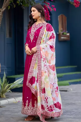Pink embroidered georgette anarkali suit with dupatta