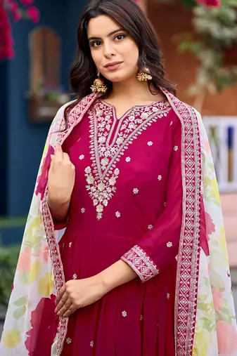 Pink embroidered georgette anarkali suit with dupatta