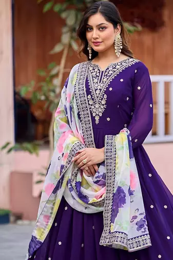 Purple embroidered georgette stitched anarkali suit with dupatta