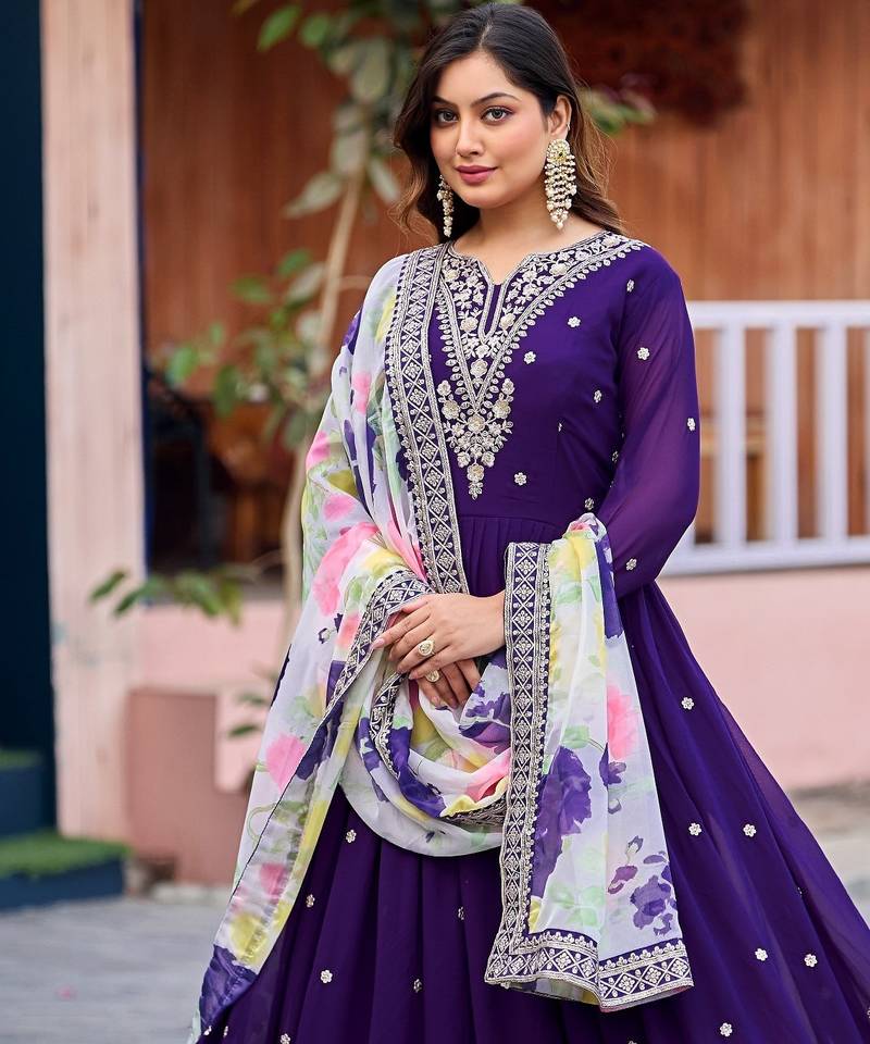 Purple embroidered georgette stitched anarkali suit with dupatta