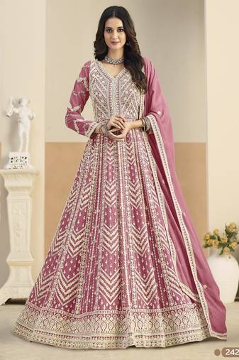 Pink heavy emroidered faux georgette semi stitched anarkali suit with salwar