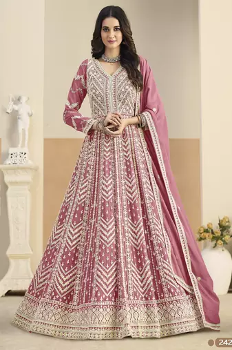Pink heavy emroidered faux georgette semi stitched anarkali suit with salwar