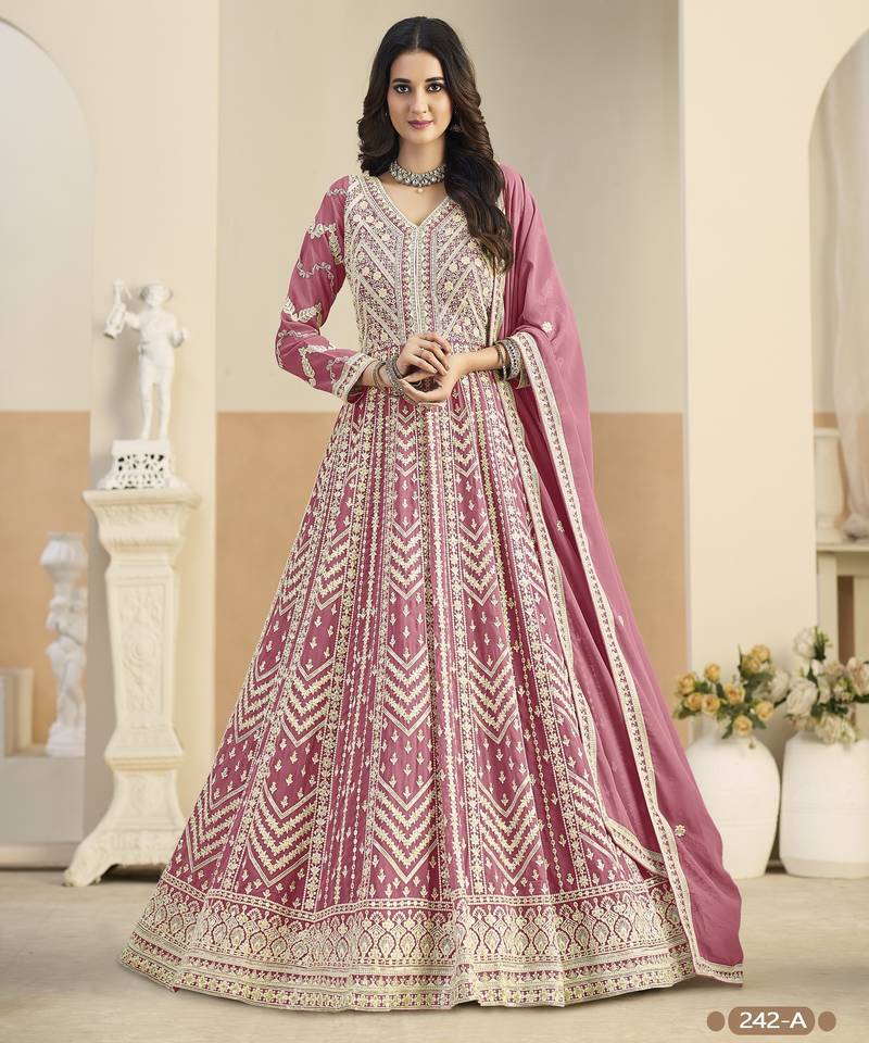 Pink heavy emroidered faux georgette semi stitched anarkali suit with salwar