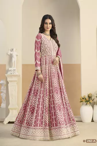 Pink heavy emroidered faux georgette anarkali suit with salwar