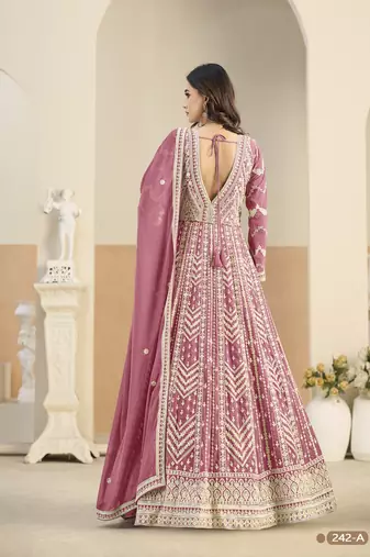 Pink heavy emroidered faux georgette anarkali suit with salwar