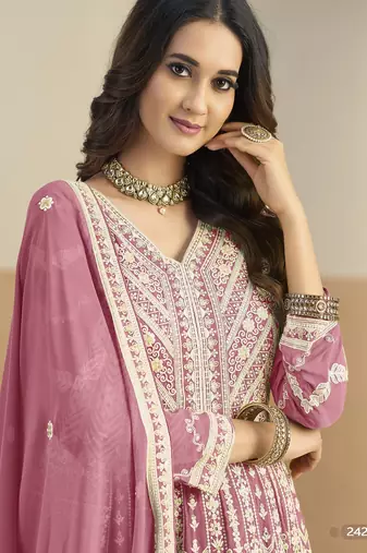 Pink heavy emroidered faux georgette anarkali suit with salwar