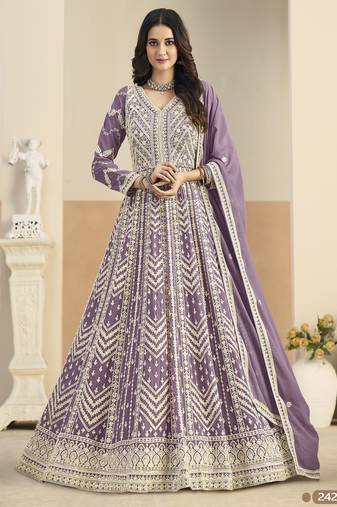 Purple heavy emroidered faux georgette semi stitched anarkali suit with salwar