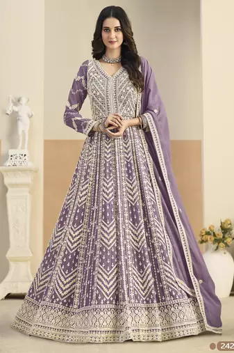 Purple heavy emroidered faux georgette semi stitched anarkali suit with salwar