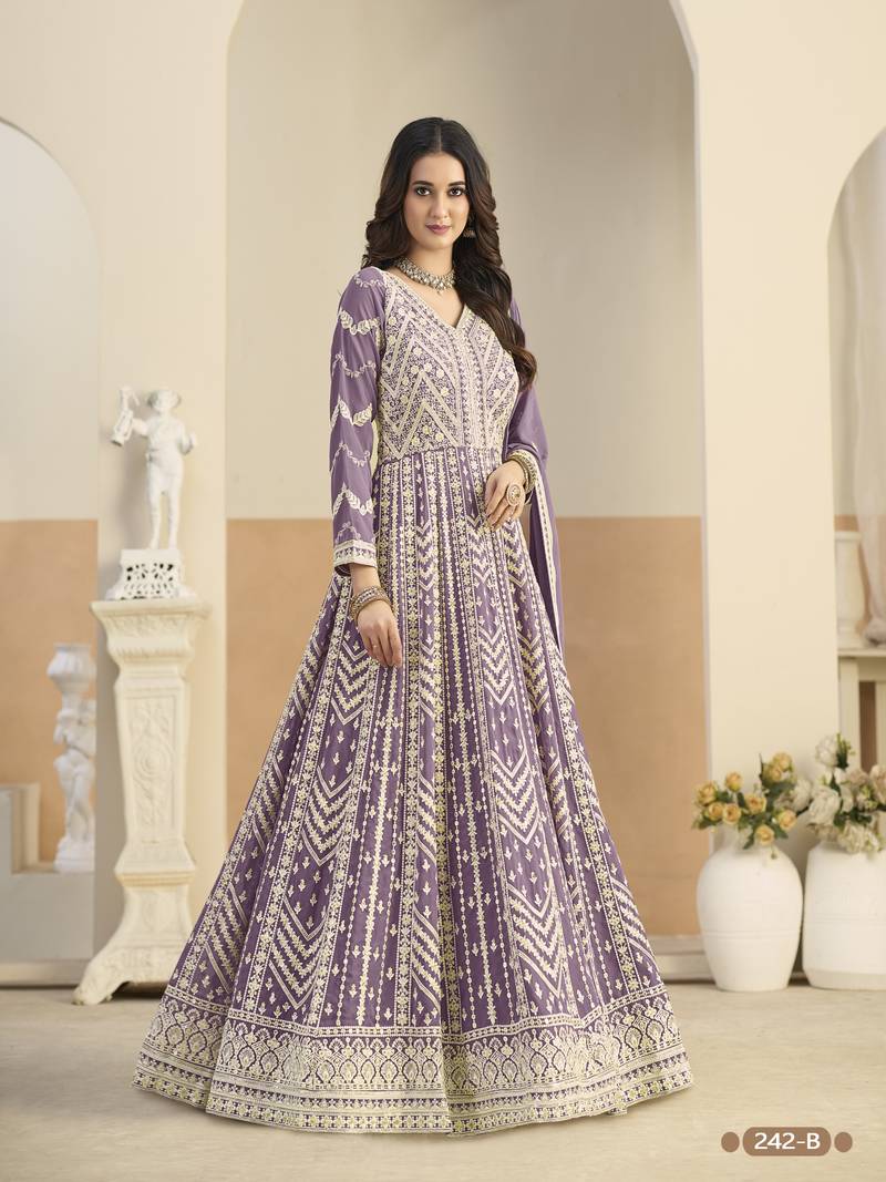 Purple heavy emroidered faux georgette semi stitched anarkali suit with salwar