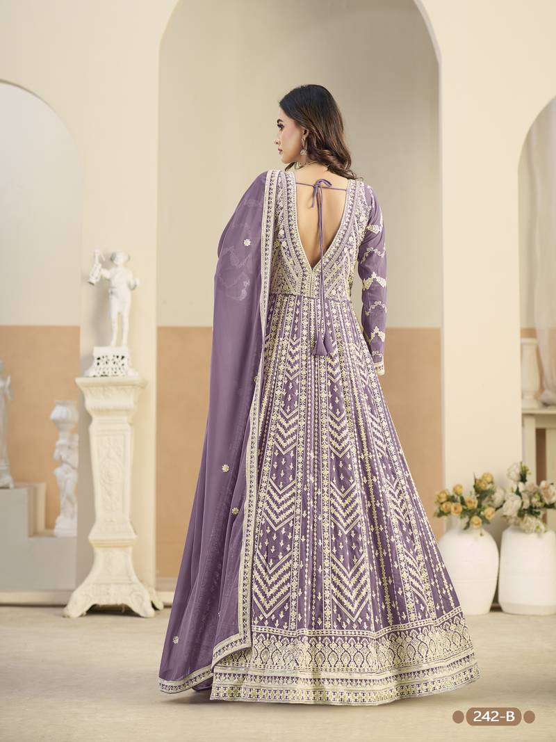 Purple heavy emroidered faux georgette semi stitched anarkali suit with salwar