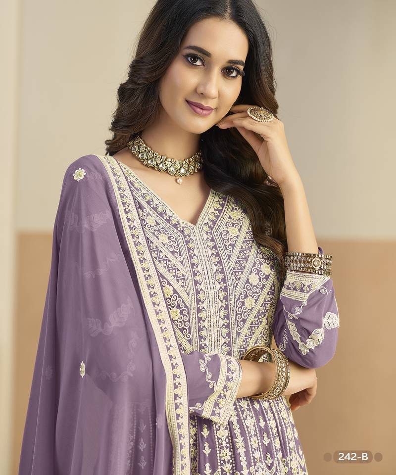 Purple heavy emroidered faux georgette semi stitched anarkali suit with salwar