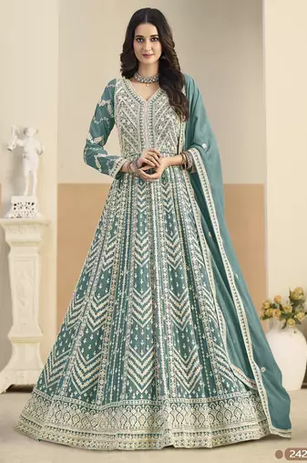 Light blue heavy emroidered faux georgette semi stitched anarkali suit with salwar