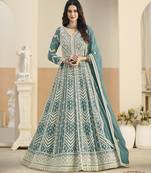 Light blue heavy emroidered faux georgette semi stitched anarkali suit with salwar