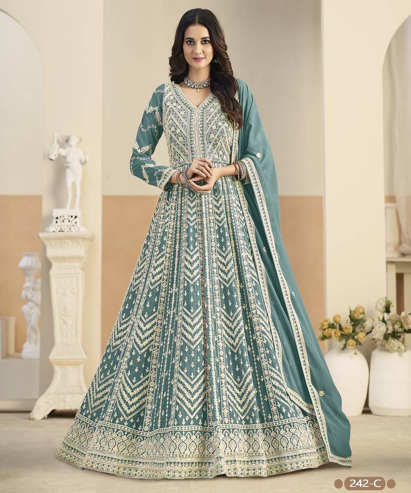 Light blue heavy emroidered faux georgette semi stitched anarkali suit with salwar