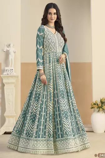 Light blue heavy emroidered faux georgette anarkali suit with salwar