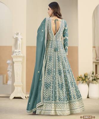 Light blue heavy emroidered faux georgette anarkali suit with salwar 3